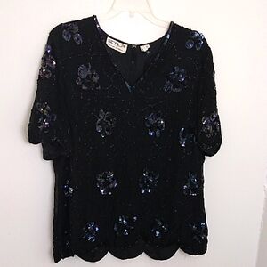 Vintage Scala Silk Floral Beaded Sequin Blouse Women's Size 3X Scalloped Hem‎